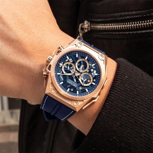 MEGIR Brand Watch Fashion Silicone Strap Mens Quartz Watch Fashion Sports Chronograph Luminous Waterproof Luxury Blue Belt Box