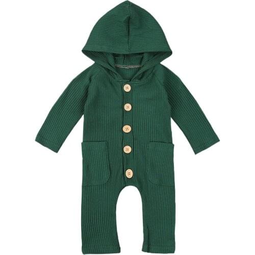 Newborn Baby Girl Boy Rompers Spring Autumn Long Sleeve Hooded Romper Pocket Solid Color Jumpsuit Baby Boys Girls 0-18Months