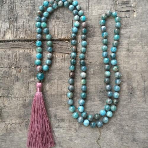 EDOTHALIA New 8MM Beads Mala Necklace For Women Handmade Knotted Jewelry Natural Apatite Stone Bead Tassels Necklace