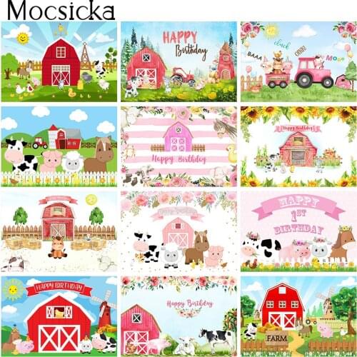Farm Themed Baby Birthday Backdrop Barn Cartoon Animals Children Birthday Party Background Decorations Farm Cake Smash Props
