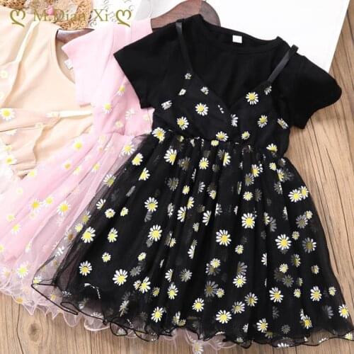 Girls Summer Dress 2021 New Girl Dress Fake Suspenders Childrens Baby Little Daisy Western Style Mesh Princess Dress