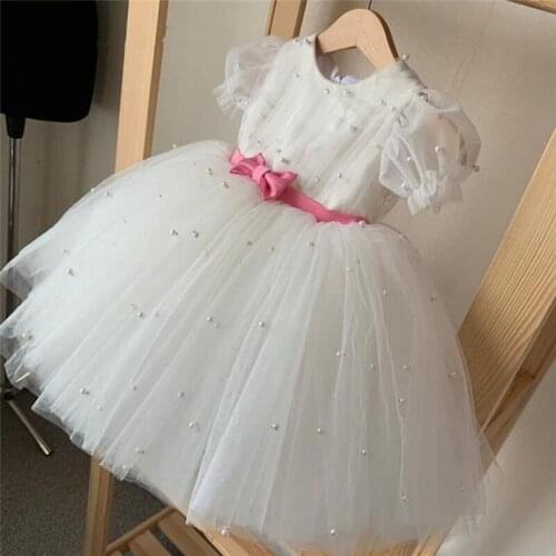 Lovely Girls Birthday Dress with Pearls Flower Girl Dresses for Wedding Party Infant Girl First Birthday Clothes