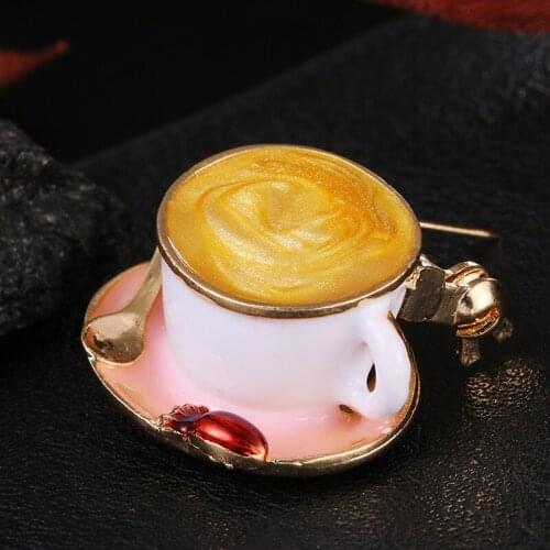 Fashion Coffee Cup Spoon Disc Shape Brooches White Enamel Gold Color Brooch Pins Women Men Clothes Suit Coat Accessories