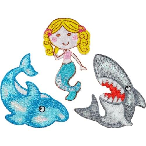 Cartoon Shark Blue Fish Mermaid Embroidered Patches Iron On For Clothing Hat DIY Stripes Applique Badge Stickers Backpack Jacket