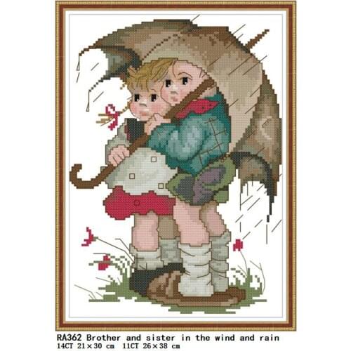 Brother and sister holding umbrellas counted cross stitch kit Aida 11ct 14ct needlework embroidery set home decoration painting