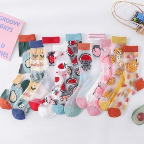 Summer Ladies Socks Japanese Ultra-thin Cartoon Fruit Transparent Crystal Glass Silk Tube Socks Girls Fashion Ins Stockings Sock