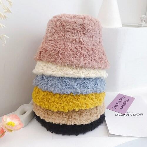 2020 Autumn and Winter New Lovely Soft Cute Plush Fisherman Hat Female Girl All-Matching Youthful-Looking Solid Color Bucket Hat