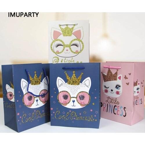 6pcs Little Princess Cat Gift Bag for Kids Birthday Party Girls Baby Shower Favors Packaging Box Cartoon Kitty with Crown