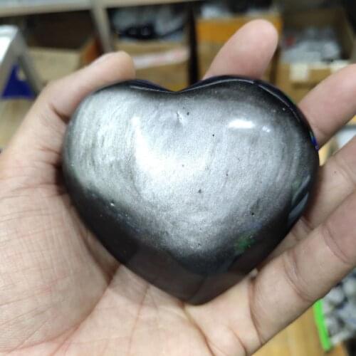 Natural Silver Obsidian Love Heart Ornament Gorgeous Flashing Stone Cabochons Crystals For Protection Energy Room Design Decor