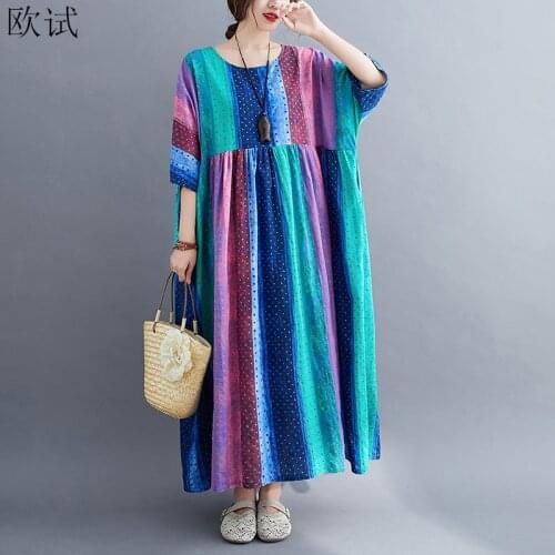 Plus Size Vintage Striped Print Dress Women Casual Summer Cotton Ladies Dresses Robe Femme 4XL 5XL 6XL Boho Beach Dress 2021