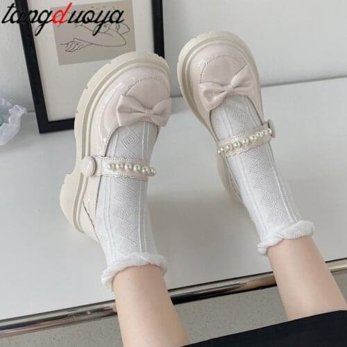 White Vintage shoes Buckle Bow Platform Mary Jane Shoes for Women Thick Heel Square Toe Lolita Shoes Woman Lovely Cosplay Lady
