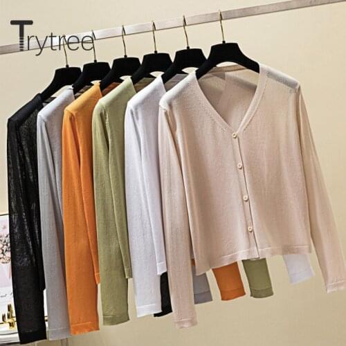 Trytree 2020 Spring Autumn Casual Women Coat Solid 6 Color knitting Thin section V-neck Single Breasted Fashion Coat Tops
