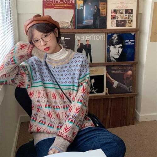 Jacquard Sweater Cover Belly Slimming Pullover Cashmere Loose Fashion Ladies Color Matching Sweater 2021 Autumn Winter New