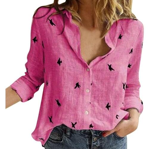 Fashion Womens Birds Print Shirts And Blouse Full Sleeve Button Up Shirts For Women Casual Tunic Female Top Blusas Clothes