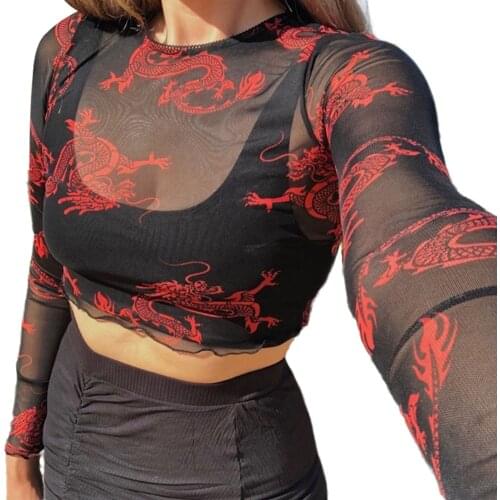 Dragon Print Mesh Sheer Long Sleeve Tops Transparent Sexy T-shirt Ladies See Through Summer Tee