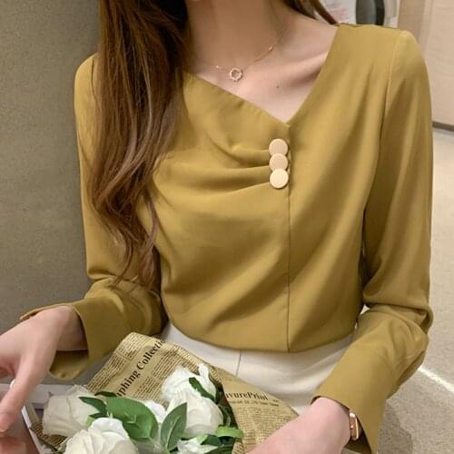 Chemisier Femme V-Neck Button Chiffon Blouse Long Sleeve Women Blouses Shirt 2021 Pullover Autumn Tops Office Lady Woman Clothes