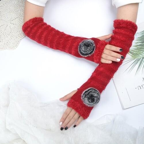 Women Winter Knitting Warm Arm Cover Korean Cute Wool Ball Stripe Y2K Elastic Long Sleeve Fashion Emo Student Fingerless Gloves