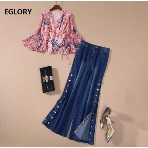 New 2021 Spring Fashion 2 Piece Set Women V-Neck Sweet Little Floral Print Chiffon Blouses+Flare Leg Long Denim Pant Sets Casual