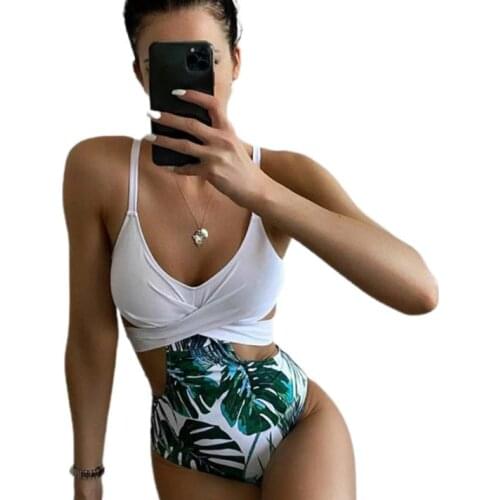 Women’s Sexy Suspender Bikini Fashion Leaves Printed Stitching Bandage Hollow Slim Fit Swimsuit