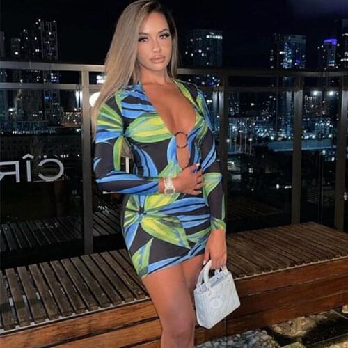 Sexy Vintage Leaf Print Long Sleeve Beach Mini Dress Women Hollow Out Low Cut Club Robe 2021 Summer Elegant Fashion Dresses