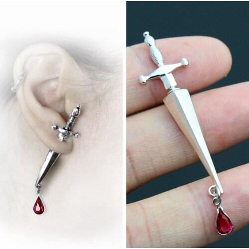 Cesares Veto Faux Stretcher, Earring Blood Dagger Gothic Punk Style 925 Sterling Silver Earstud 1PCS Men Stud Earring Gifts