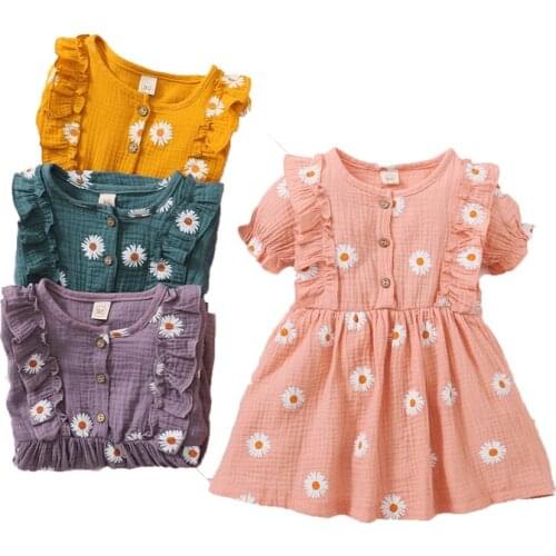 2021 Kids Girls Ruffle Dress Sweet Style Daisy Printing Round Collar Lace Splicing Short Sleeve Princess Dresses Clothing