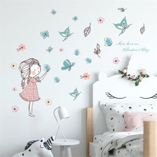 Butterflies Flowers Girl Rabbit Wall Stickers DIY Mural Decals for House Wallpaper Murals Kids Room Baby Bedroom ation NEW YEAR