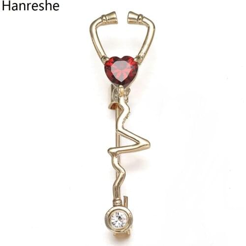 Fashion Medical Stethoscope Lapel Brooch Pin Inlaid Red Natural Zircon Heart Alloy Badge Pins Doctor Nurse Hospital Gift Jewelry