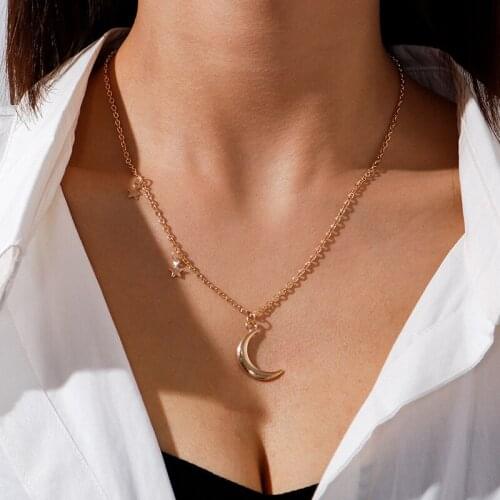 Asymmetric Alloy Crescent Moon Pendants Necklaces Mini Tassel Star Chains Necklaces for Women Girls Charms Collares Jewelry