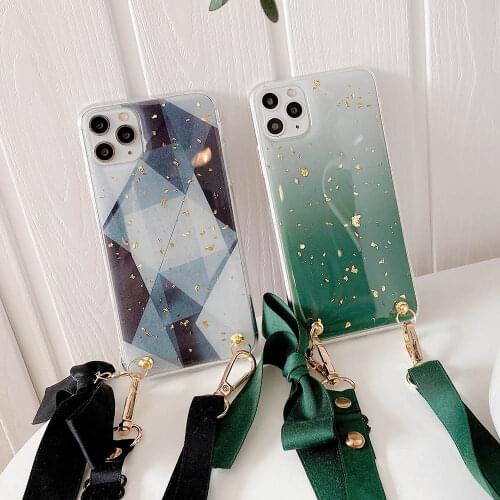 Marble Lanyard Crossbody Rope Phone Case for iPhone 11 Pro X XR XS Max 7 8 Plus Cord Necklace Soft Gold Foil Gradient Color Case
