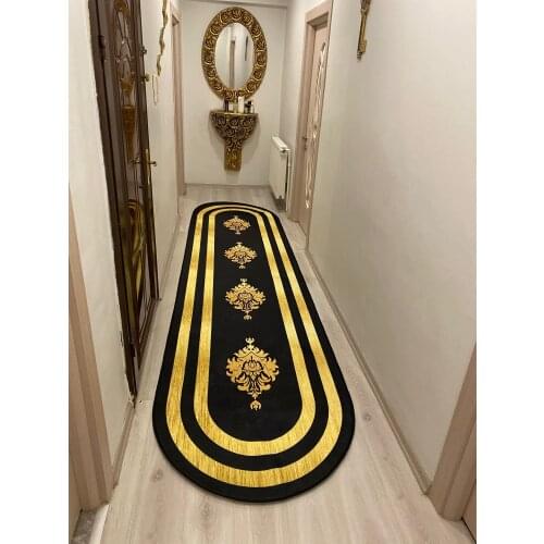 Black Gold Motif Corridor Rug Washable Artificial Leather Cold-Proof Sole Foal Feather Easy Clean Stain-resistant Fabric