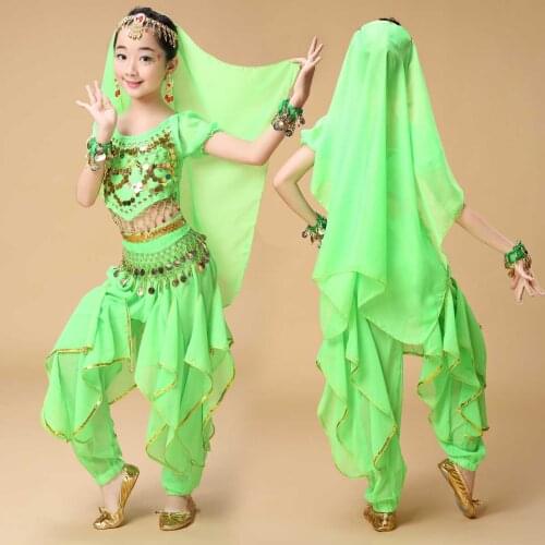 Children Belly Dance Set Clothes Kids Performance Wear Short Sleeve&Pant&Belt&Headband&Bracelet