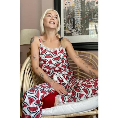 Womens Two Piece Pajamas Set Watermelon Pattern Cute V-Neck Rope Strap Soft Lace Nightgown Set Comfortable Knitted Fabric Pajam