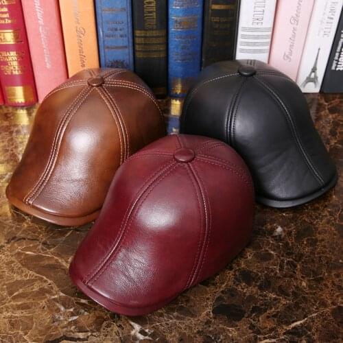 Fashion Warm Leather Hat Middle-aged and Old Mens Leather Beret Cap Male Autumn Winter Cowhide Casual High Quality Hats H7004