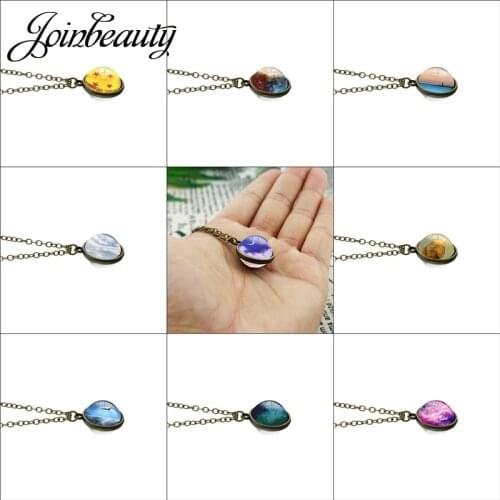 JOINBEAUTY Personality Fashion Double Side Glass Ball Necklace Earth Planet Pattern Jewelry Galaxy Astronomy Pendant Necklace
