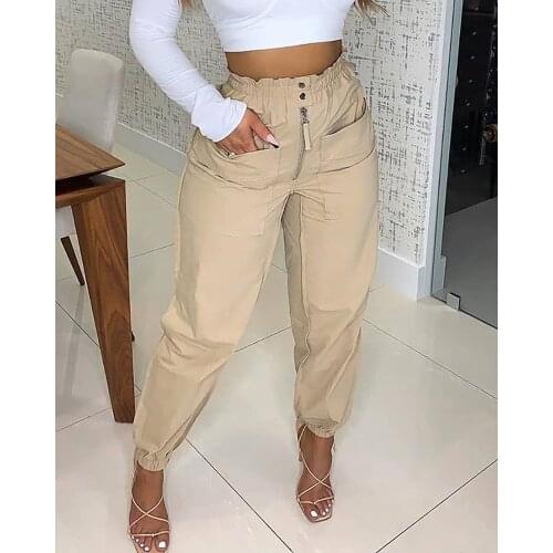 2021 New Fashion Elegant Women Long Pants Streetwear Casual Pockets Lace-Up Cargo Pants Spring Autumn Solid Office Lady Trousers
