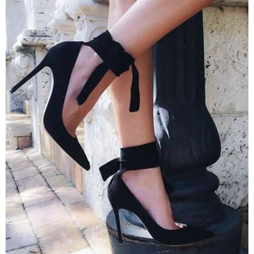 Moraima Snc Newest Pointed Toe High Heel Shoes Black Satin Lace-up Thin heels Dress Shoe Super High Party Wedding Heels Red