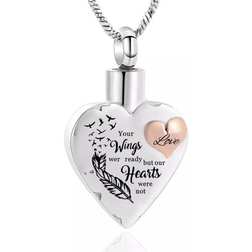 Your Wings Were Ready But Our Heart Were Not Feather Heart Stainless Steel Cremation Urn Necklace Memorial Jewelry For Ashes