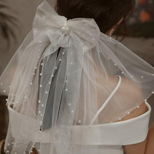 2021 Short Vintage Bridal Wedding Veils Tulle Pearl 2 Layers Bow Hepburn Veils For Brides Voile De Mariage Velo De Novia Perles