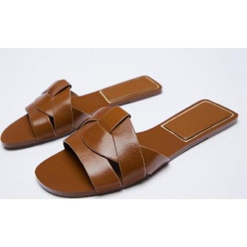 ZAR Slippers Women Summer Luxury 2021 New Brown Cross Leather Casual Flat Sandals Brand Woman Beach Shoes Plus Size 40 Femme