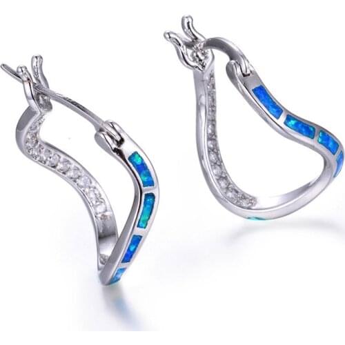 Boho Female Blue Fire Opal Earrings Vintage Silver Color Double Earring Wedding Jewelry Irregular Stud Earrings For Women