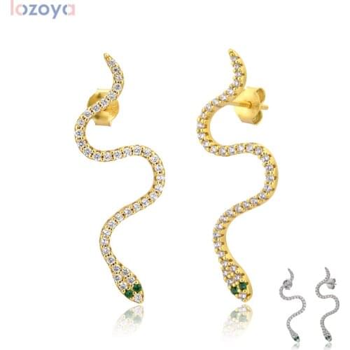 Lozoya 925 Sterling Silver Fashion Jewelry Gold 34mm Snake Drop Piercing Earring Luxury Zircon CZ Fashion Women Rock Punk