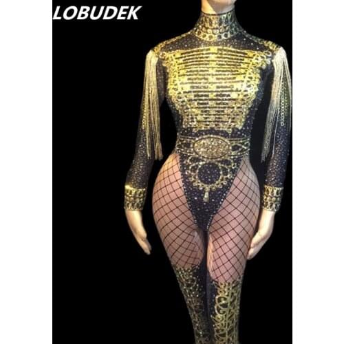 2019 New Women Stretch Leotard Gold Rhinestones Tassels Skinny Jumpsuit Female Singer DJ DS Costume Jazz Dance Team Stage Wear