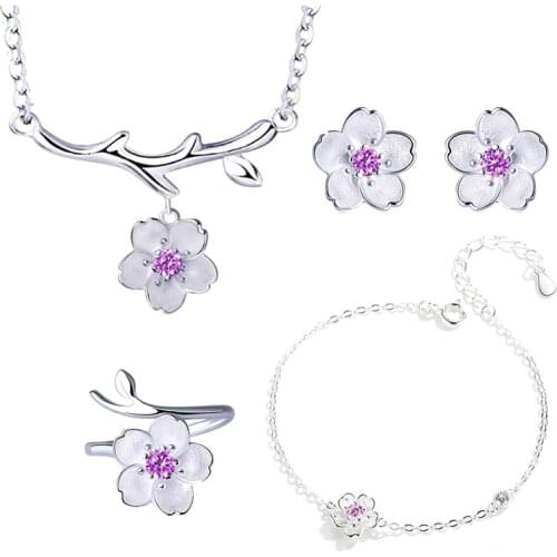 Romantic 925 Sterling Silver Cherry Blossoms Flower Jewelry Sets Pendant Cute Bridal Wedding Sets