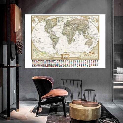 225*150cm The World Political Map with National Flags Detailed Poster Vintage Canvas Painting Home Decor School Supplies