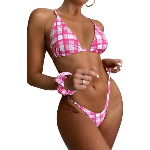 3 Colors Women Summer 3Pcs Bikini Suit Ladies Deep V-neck Drawstring Tank Tops with Triangle Bottoms+Headband Biquíni Outfits