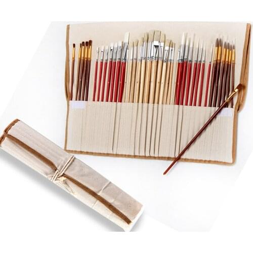 38 pcs/set Paint Brushes with Canvas Bag Case Long Wooden Handle Synthetic Hair Art Supplies for Oil Acrylic Watercolor Painting