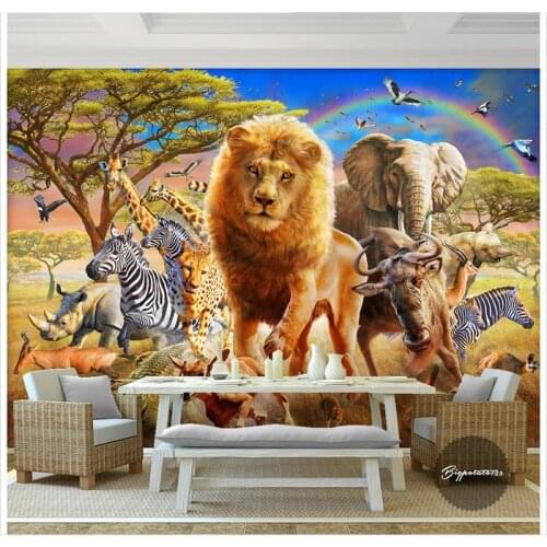 Custom 3d wallpaper 3d murals wallpaper Cartoon mural Blue sky rainbow wood elephant zebra animal world children painting wall