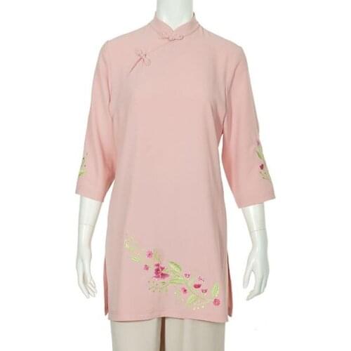 3color Summer emboridery tai chi suit martial arts t-shirts kung fu shirts robe uniforms wushu lay suits gray/pink
