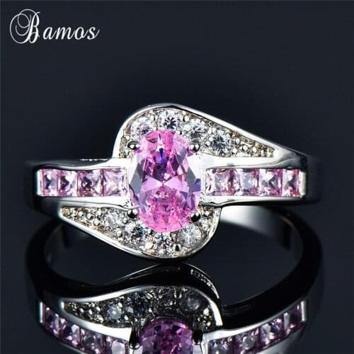 Bamos Trendy Pink/Blue/Red Cubic Zirconia Ring Geometric Oval Ring For Women White Gold Filled Retro Jewelry Party Accessories